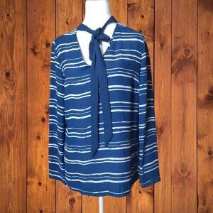Ava Women's Medium Blue/White Striped Pullover Blouse With Tie Neckline